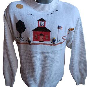 Vintage 90s Medium Womens Sweater School-Themed White Knit Appliqué Embroidery